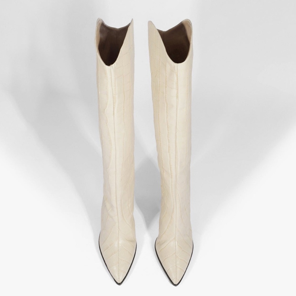 Schutz Maryana Block Crocodile-Embossed Leather Boots in Eggshell - Picture 4 of 14